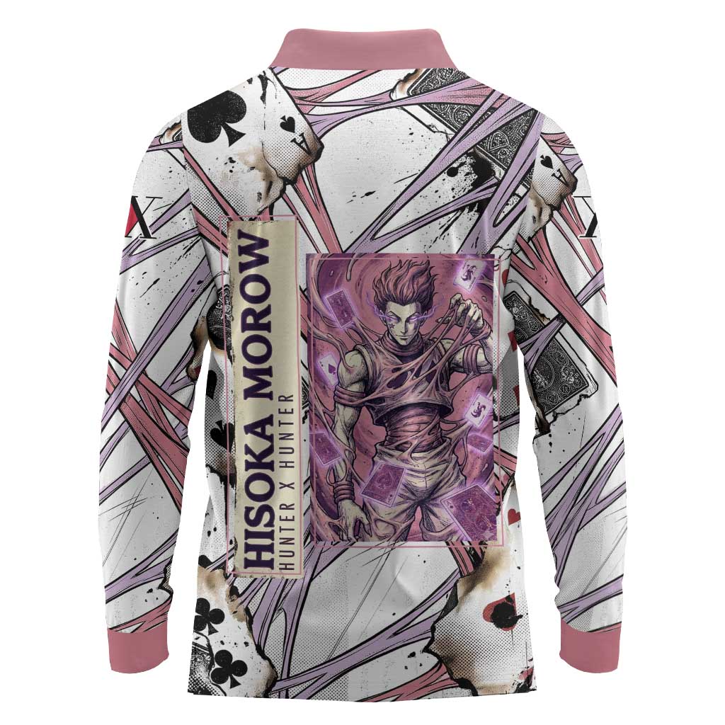 Hisoka Morow Playing Card Theme Long Sleeve Polo Shirt with Magic Aura and Artistic Anime Illustration - The Mazicc