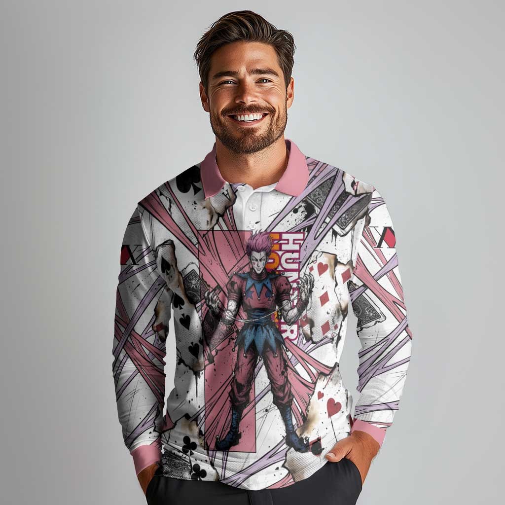 Hisoka Morow Playing Card Theme Long Sleeve Polo Shirt with Magic Aura and Artistic Anime Illustration - The Mazicc