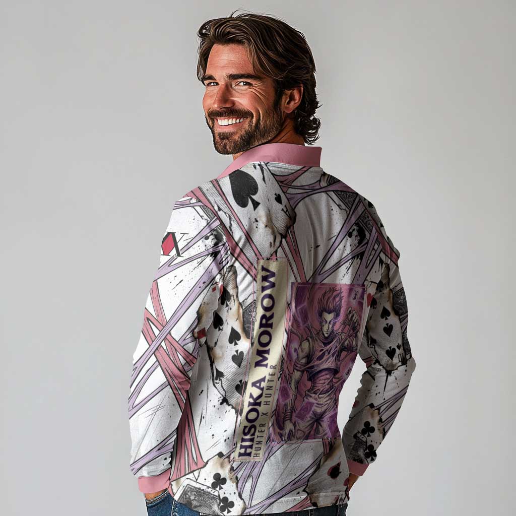 Hisoka Morow Playing Card Theme Long Sleeve Polo Shirt with Magic Aura and Artistic Anime Illustration - The Mazicc