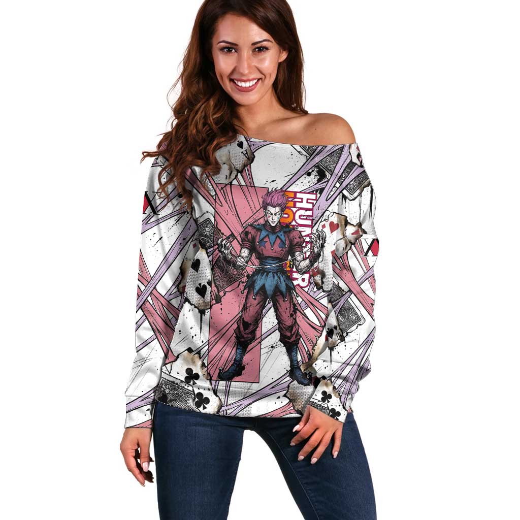 Hisoka Morow Playing Card Theme Off Shoulder Sweater with Magic Aura and Artistic Anime Illustration - The Mazicc