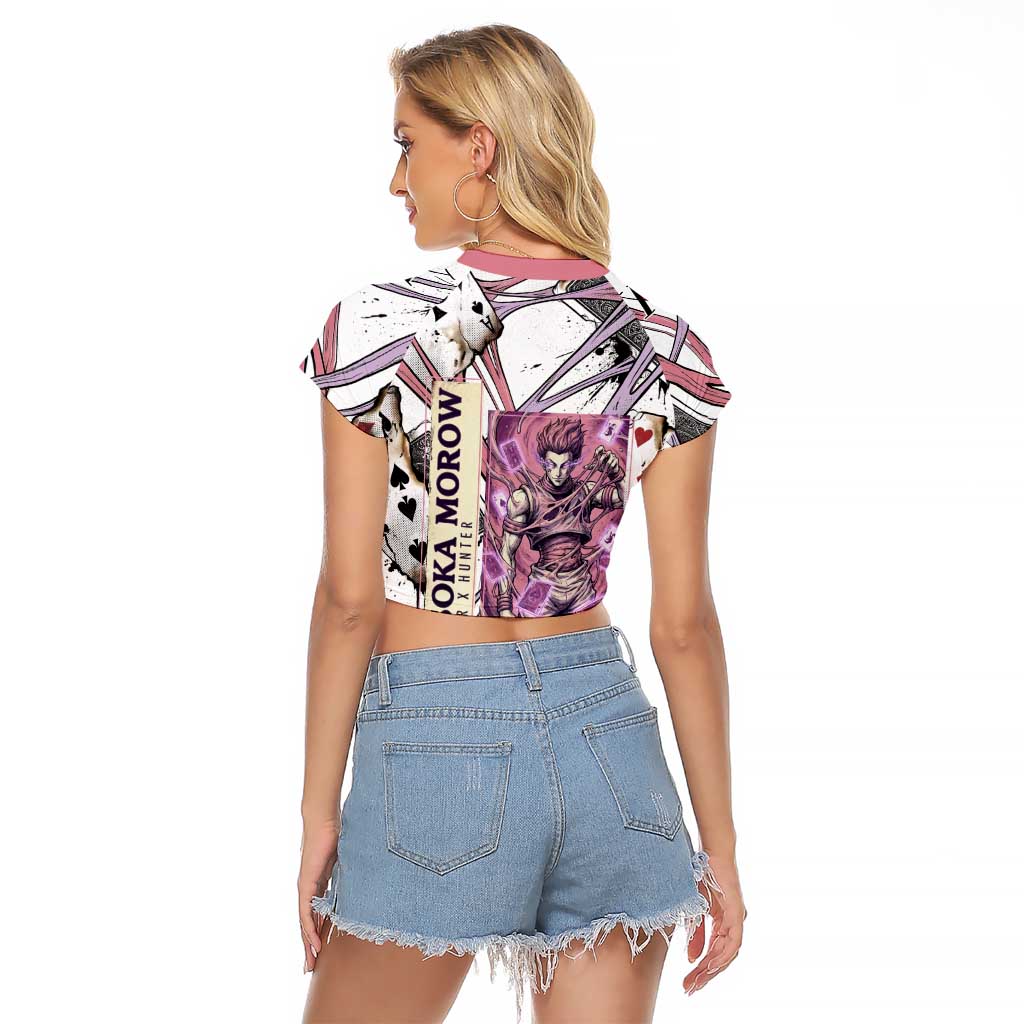 Hisoka Morow Playing Card Theme Raglan Cropped T Shirt with Magic Aura and Artistic Anime Illustration - The Mazicc