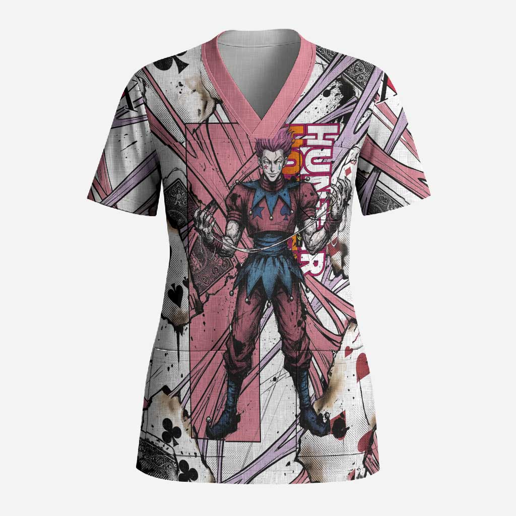 Hisoka Morow Playing Card Theme Scrub Top with Magic Aura and Artistic Anime Illustration - The Mazicc