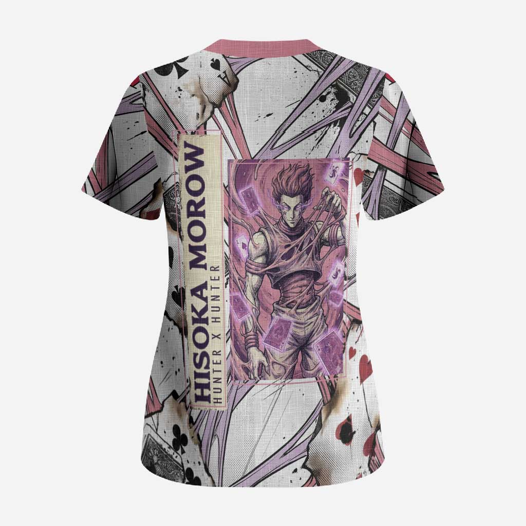 Hisoka Morow Playing Card Theme Scrub Top with Magic Aura and Artistic Anime Illustration - The Mazicc