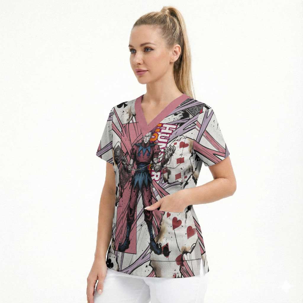 Hisoka Morow Playing Card Theme Scrub Top with Magic Aura and Artistic Anime Illustration - The Mazicc