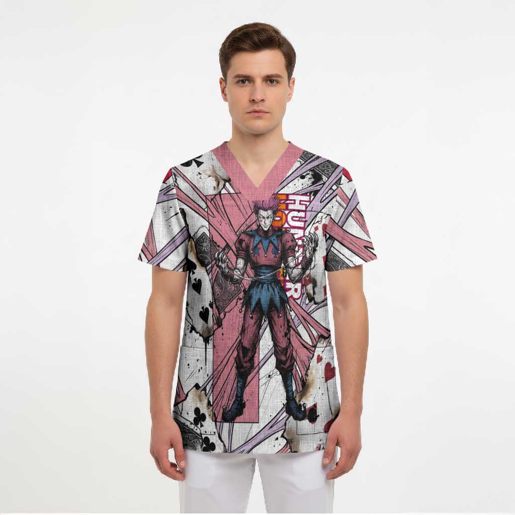Hisoka Morow Playing Card Theme Scrub Top with Magic Aura and Artistic Anime Illustration - The Mazicc