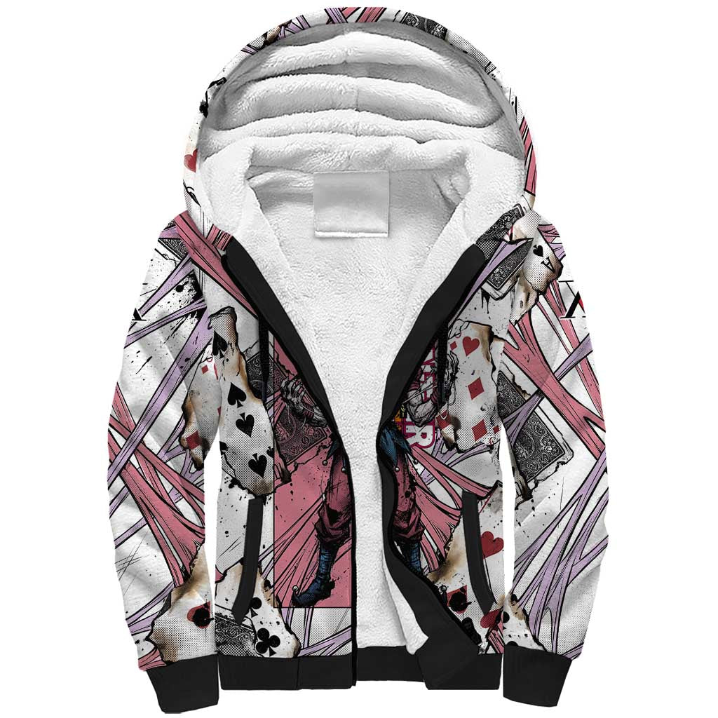 Hisoka Morow Playing Card Theme Sherpa Hoodie with Magic Aura and Artistic Anime Illustration - The Mazicc