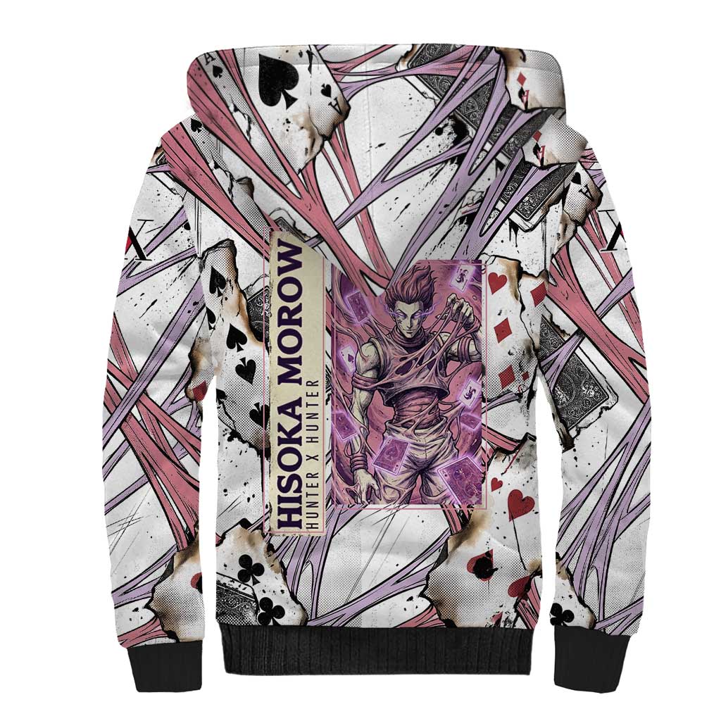 Hisoka Morow Playing Card Theme Sherpa Hoodie with Magic Aura and Artistic Anime Illustration - The Mazicc