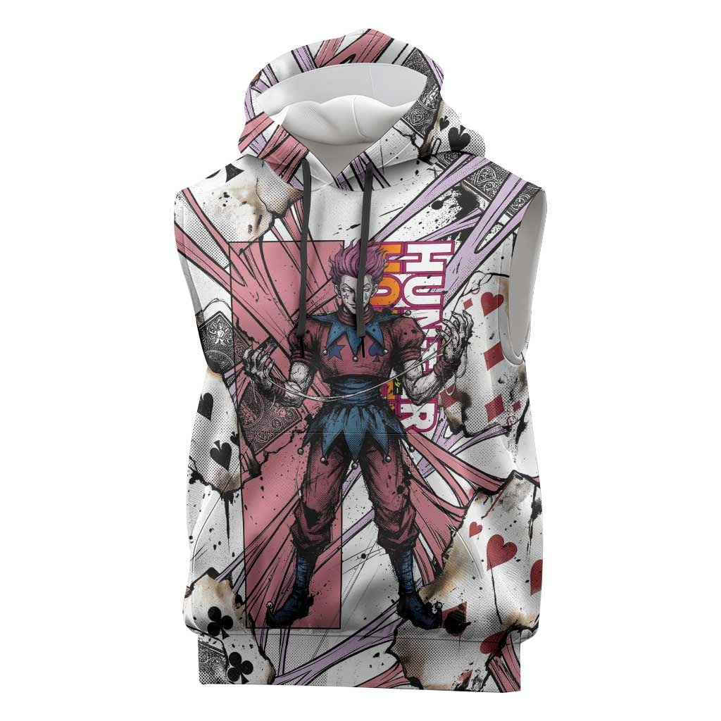 Hisoka Morow Playing Card Theme Sleeveless Hoodie with Magic Aura and Artistic Anime Illustration - The Mazicc