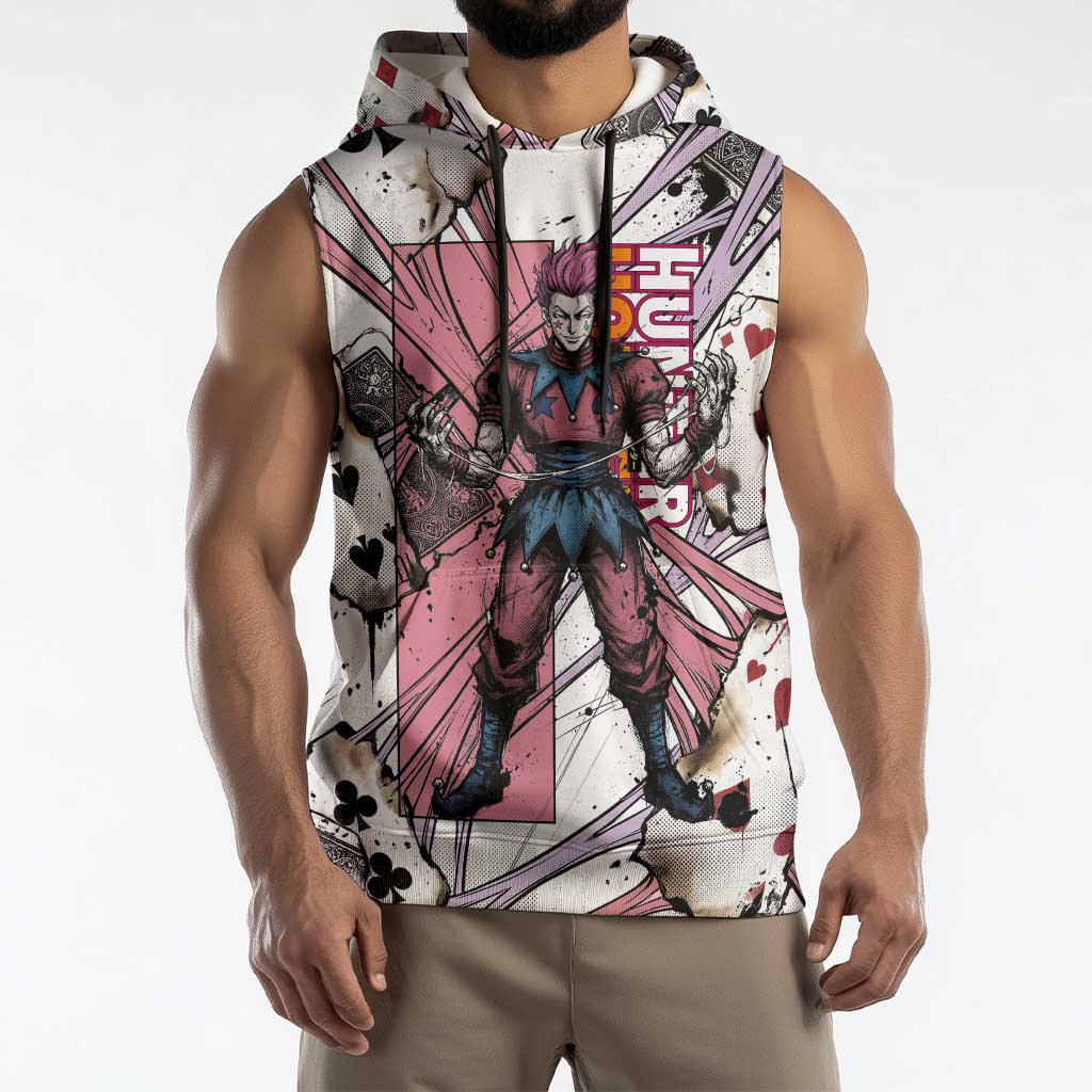 Hisoka Morow Playing Card Theme Sleeveless Hoodie with Magic Aura and Artistic Anime Illustration - The Mazicc
