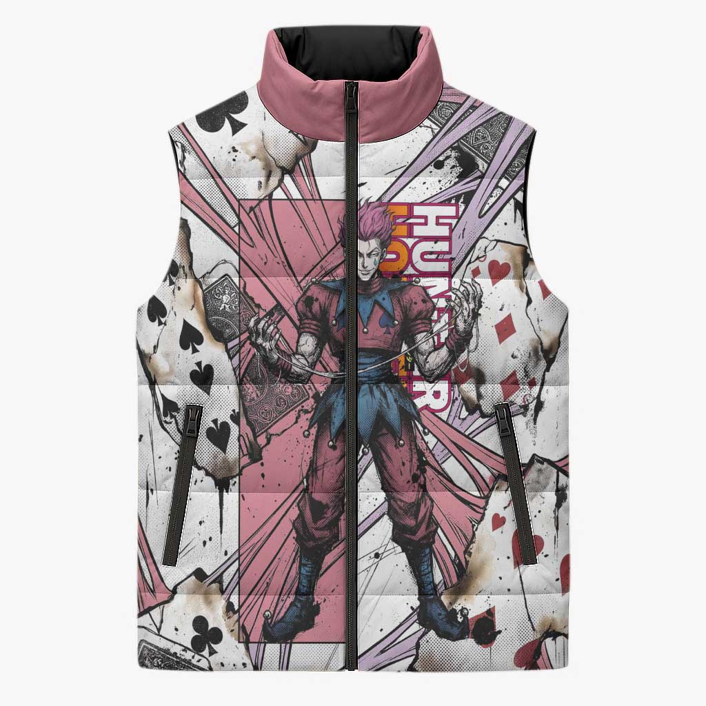 Hisoka Morow Playing Card Theme Sleeveless Puffer Jacket with Magic Aura and Artistic Anime Illustration - The Mazicc