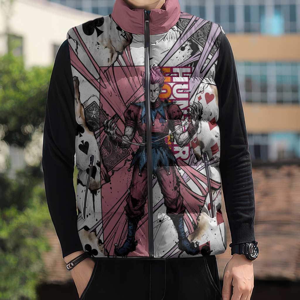 Hisoka Morow Playing Card Theme Sleeveless Puffer Jacket with Magic Aura and Artistic Anime Illustration - The Mazicc