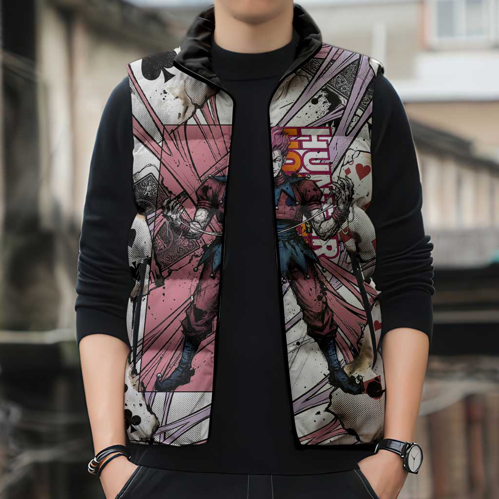 Hisoka Morow Playing Card Theme Sleeveless Puffer Jacket with Magic Aura and Artistic Anime Illustration - The Mazicc