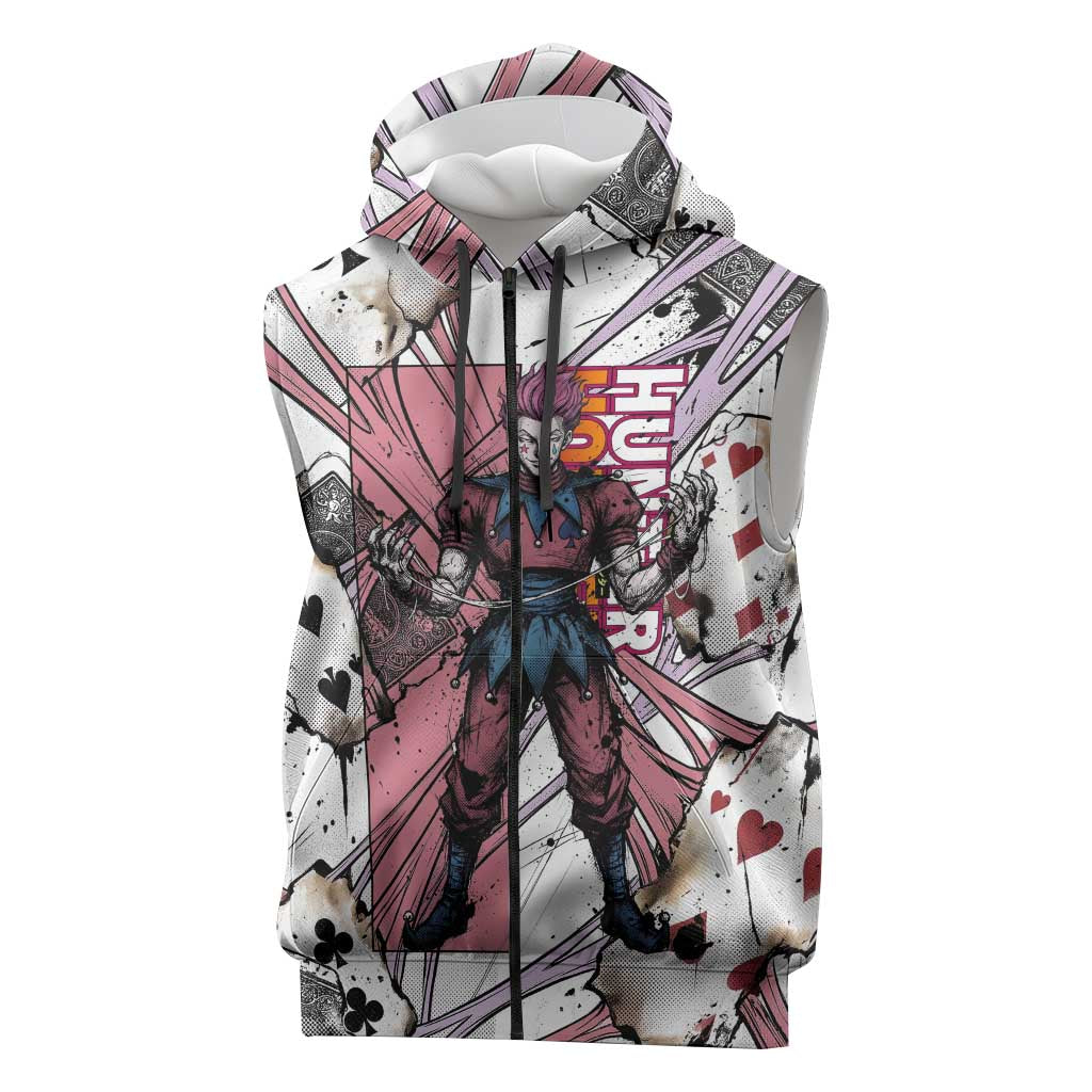 Hisoka Morow Playing Card Theme Sleeveless Zip Hoodie with Magic Aura and Artistic Anime Illustration - The Mazicc