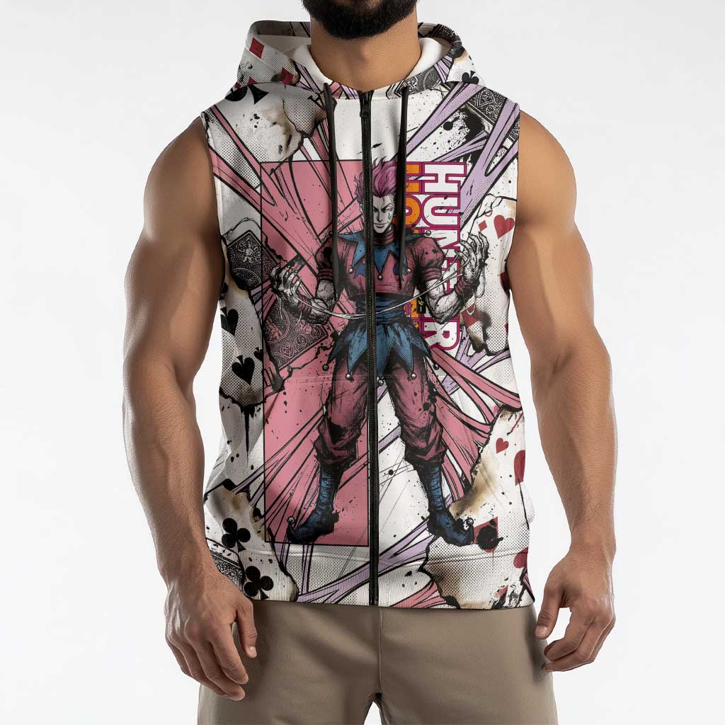 Hisoka Morow Playing Card Theme Sleeveless Zip Hoodie with Magic Aura and Artistic Anime Illustration - The Mazicc