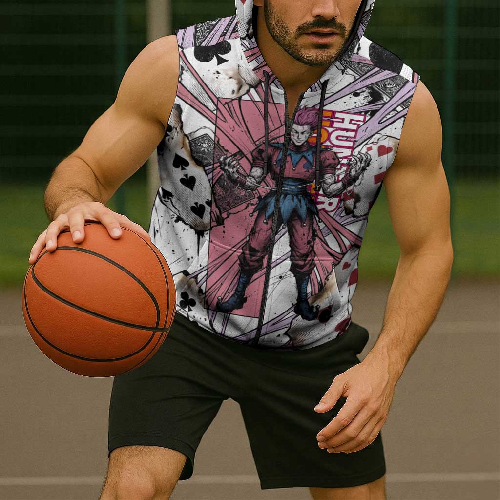 Hisoka Morow Playing Card Theme Sleeveless Zip Hoodie with Magic Aura and Artistic Anime Illustration - The Mazicc