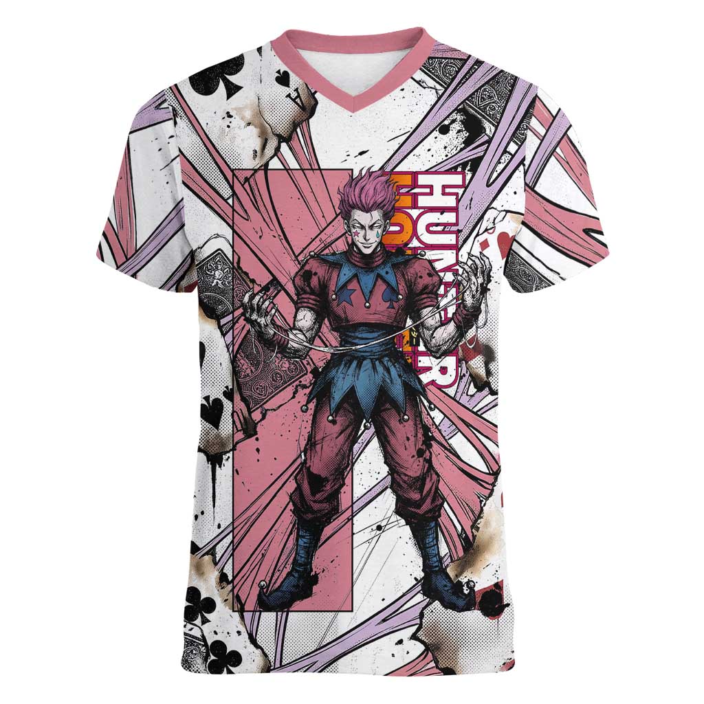 Hisoka Morow Playing Card Theme Women V-Neck T-Shirt with Magic Aura and Artistic Anime Illustration - The Mazicc