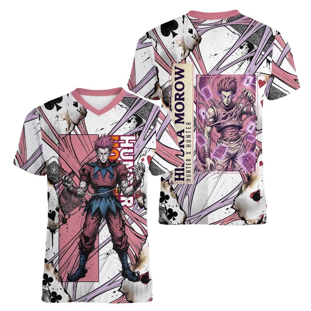 Hisoka Morow Playing Card Theme Women V-Neck T-Shirt with Magic Aura and Artistic Anime Illustration - The Mazicc