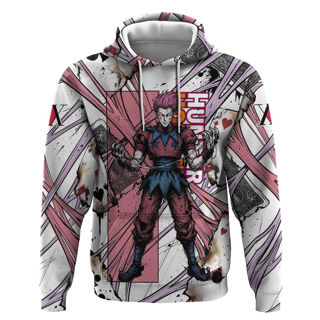 Hisoka Morow Playing Card Theme Zip Hoodie with Magic Aura and Artistic Anime Illustration - The Mazicc