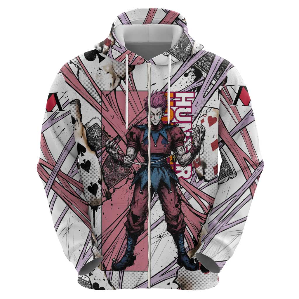 Hisoka Morow Playing Card Theme Zip Hoodie with Magic Aura and Artistic Anime Illustration - The Mazicc