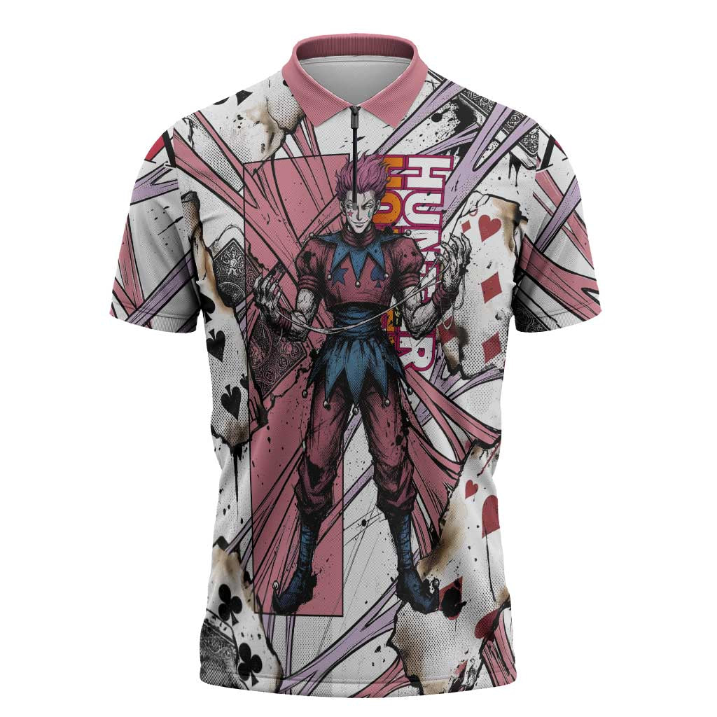 Hisoka Morow Playing Card Theme Zipper Polo Shirt with Magic Aura and Artistic Anime Illustration - The Mazicc
