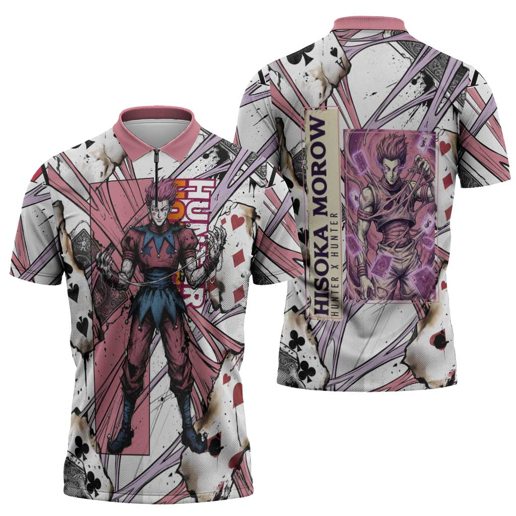 Hisoka Morow Playing Card Theme Zipper Polo Shirt with Magic Aura and Artistic Anime Illustration - The Mazicc
