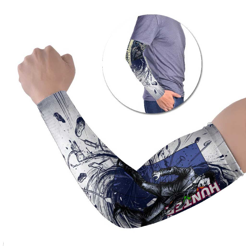 Leorio Paradinight Portal Energy Theme Arm Sleeves with Dynamic Anime Artwork and Blue Grunge Design - The Mazicc