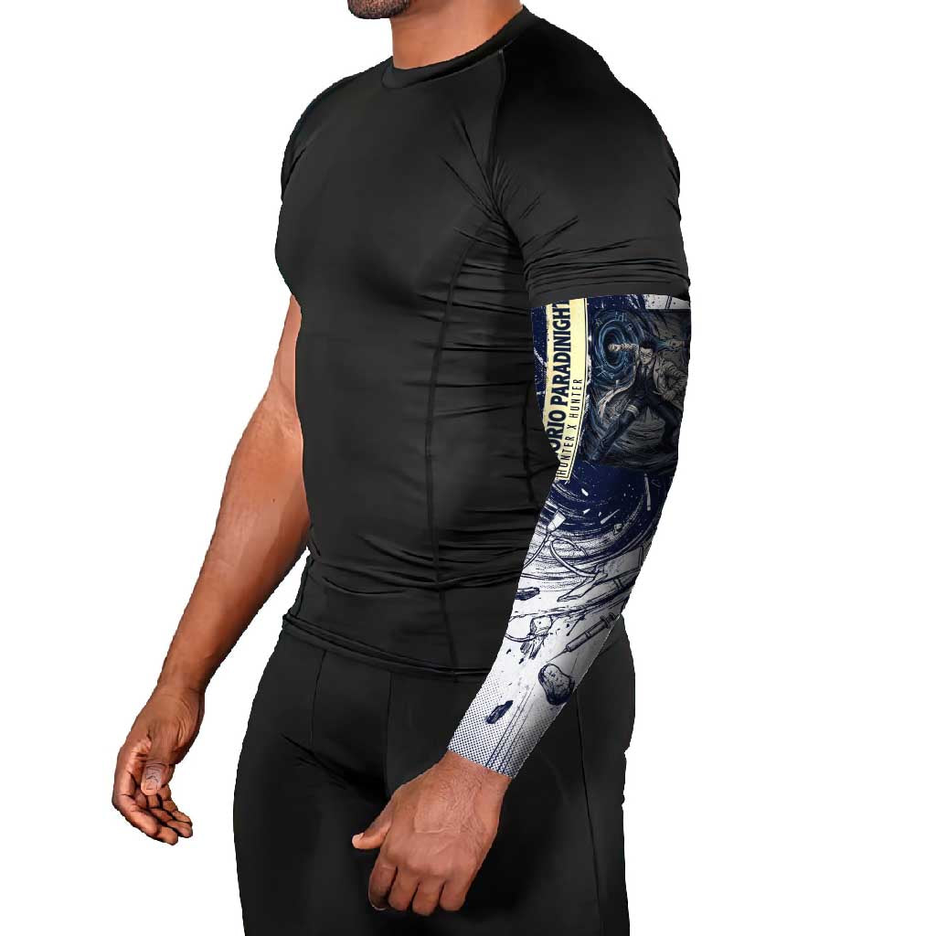 Leorio Paradinight Portal Energy Theme Arm Sleeves with Dynamic Anime Artwork and Blue Grunge Design - The Mazicc