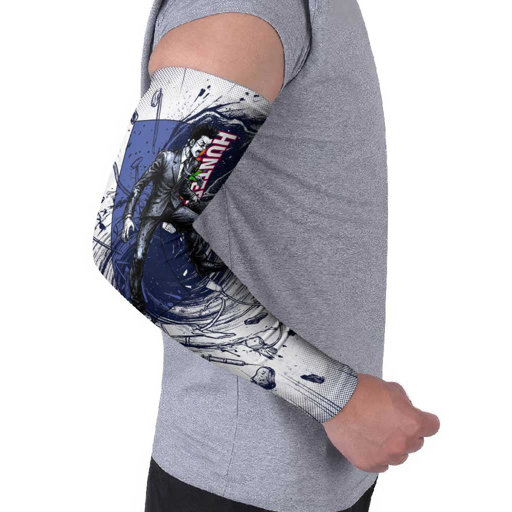 Leorio Paradinight Portal Energy Theme Arm Sleeves with Dynamic Anime Artwork and Blue Grunge Design - The Mazicc