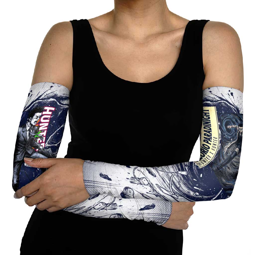 Leorio Paradinight Portal Energy Theme Arm Sleeves with Dynamic Anime Artwork and Blue Grunge Design - The Mazicc