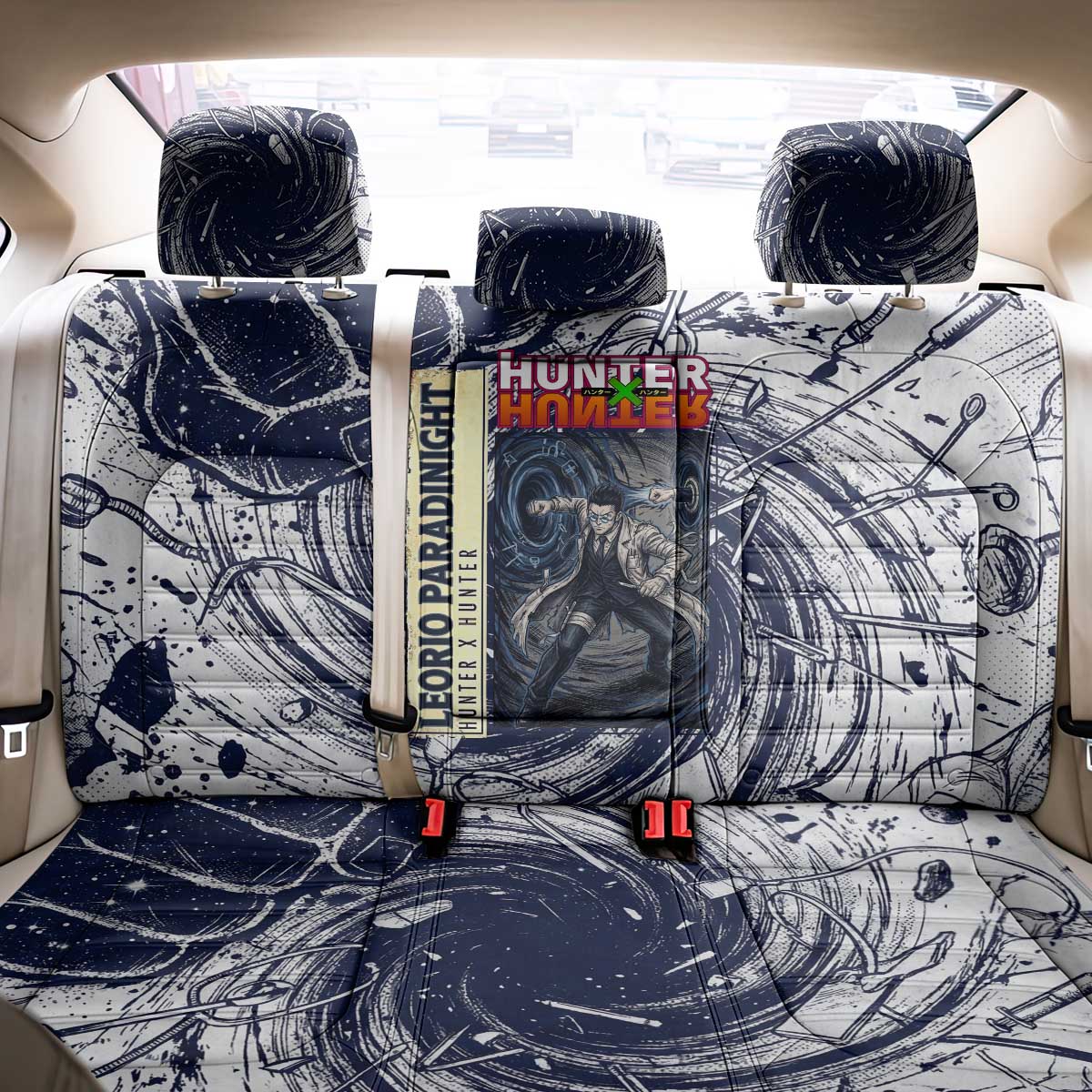 Leorio Paradinight Portal Energy Theme Back Car Seat Cover with Dynamic Anime Artwork and Blue Grunge Design - The Mazicc