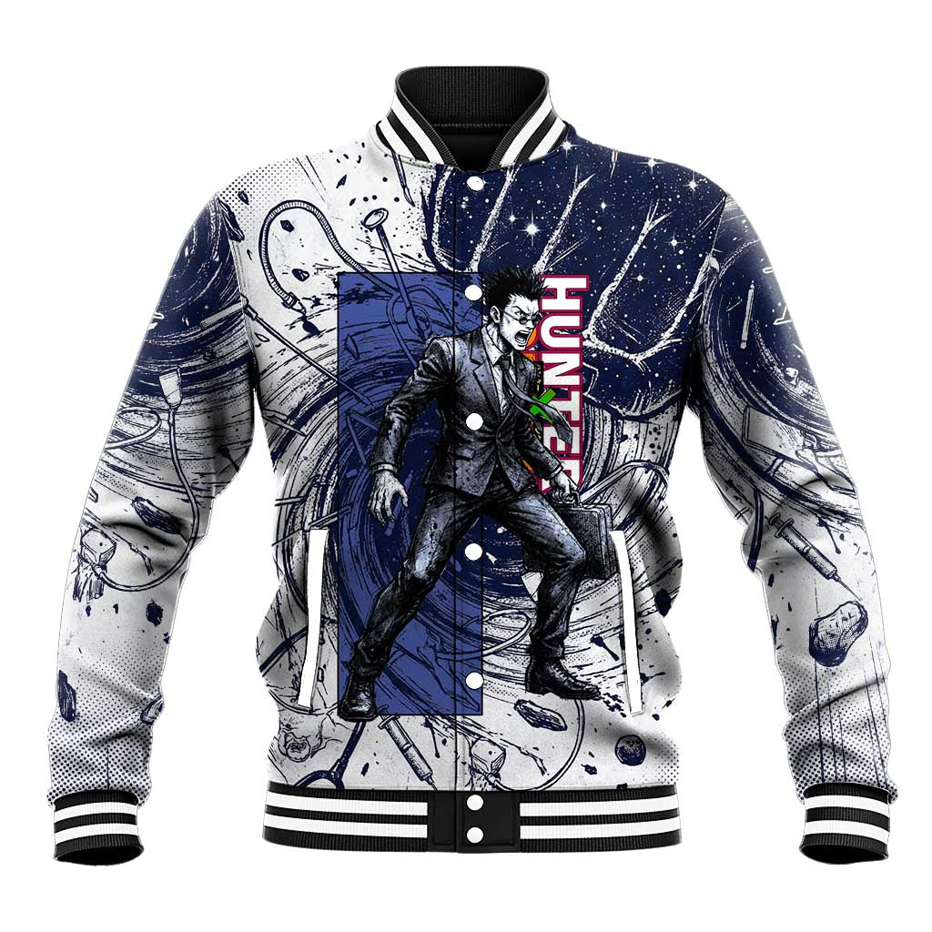 Leorio Paradinight Portal Energy Theme Baseball Jacket with Dynamic Anime Artwork and Blue Grunge Design - The Mazicc