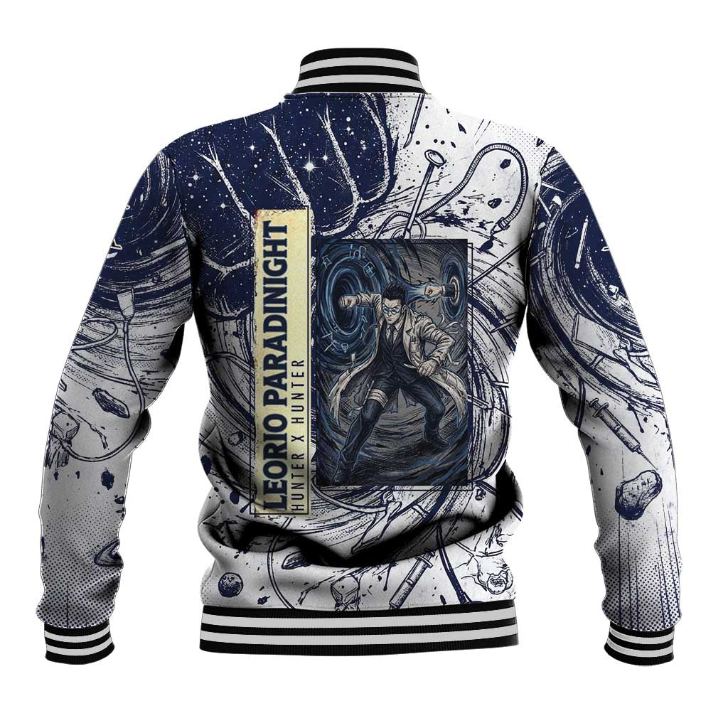 Leorio Paradinight Portal Energy Theme Baseball Jacket with Dynamic Anime Artwork and Blue Grunge Design - The Mazicc