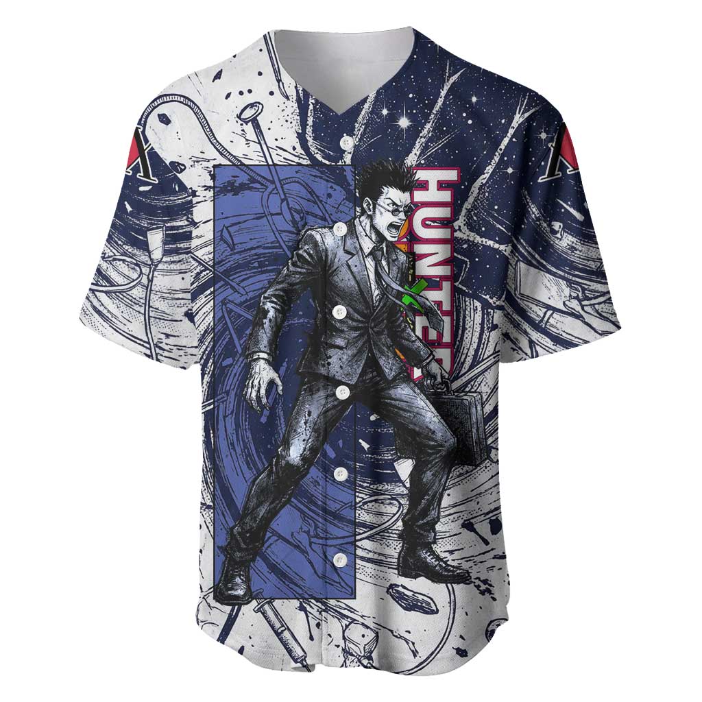 Leorio Paradinight Portal Energy Theme Baseball Jersey with Dynamic Anime Artwork and Blue Grunge Design - The Mazicc