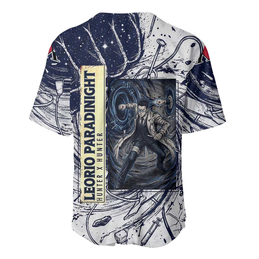 Leorio Paradinight Portal Energy Theme Baseball Jersey with Dynamic Anime Artwork and Blue Grunge Design - The Mazicc