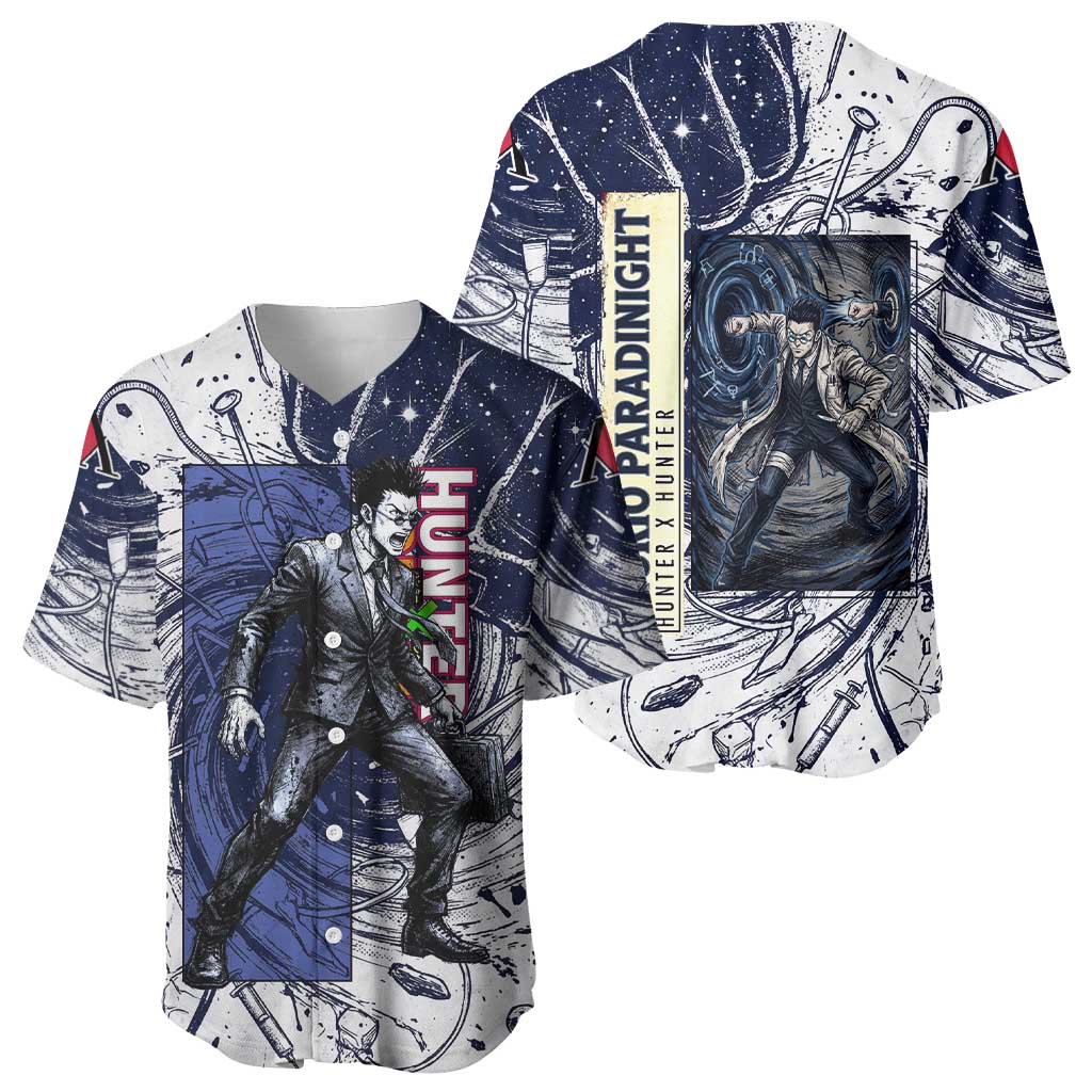 Leorio Paradinight Portal Energy Theme Baseball Jersey with Dynamic Anime Artwork and Blue Grunge Design - The Mazicc
