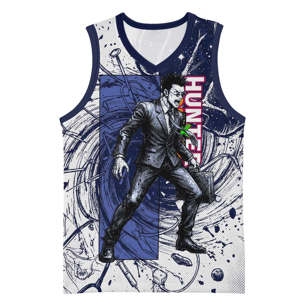 Leorio Paradinight Portal Energy Theme Basketball Jersey with Dynamic Anime Artwork and Blue Grunge Design - The Mazicc
