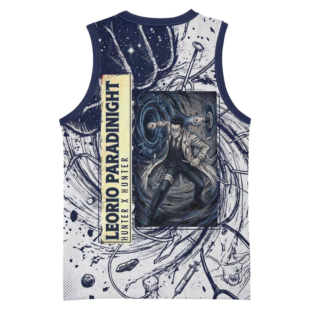 Leorio Paradinight Portal Energy Theme Basketball Jersey with Dynamic Anime Artwork and Blue Grunge Design - The Mazicc