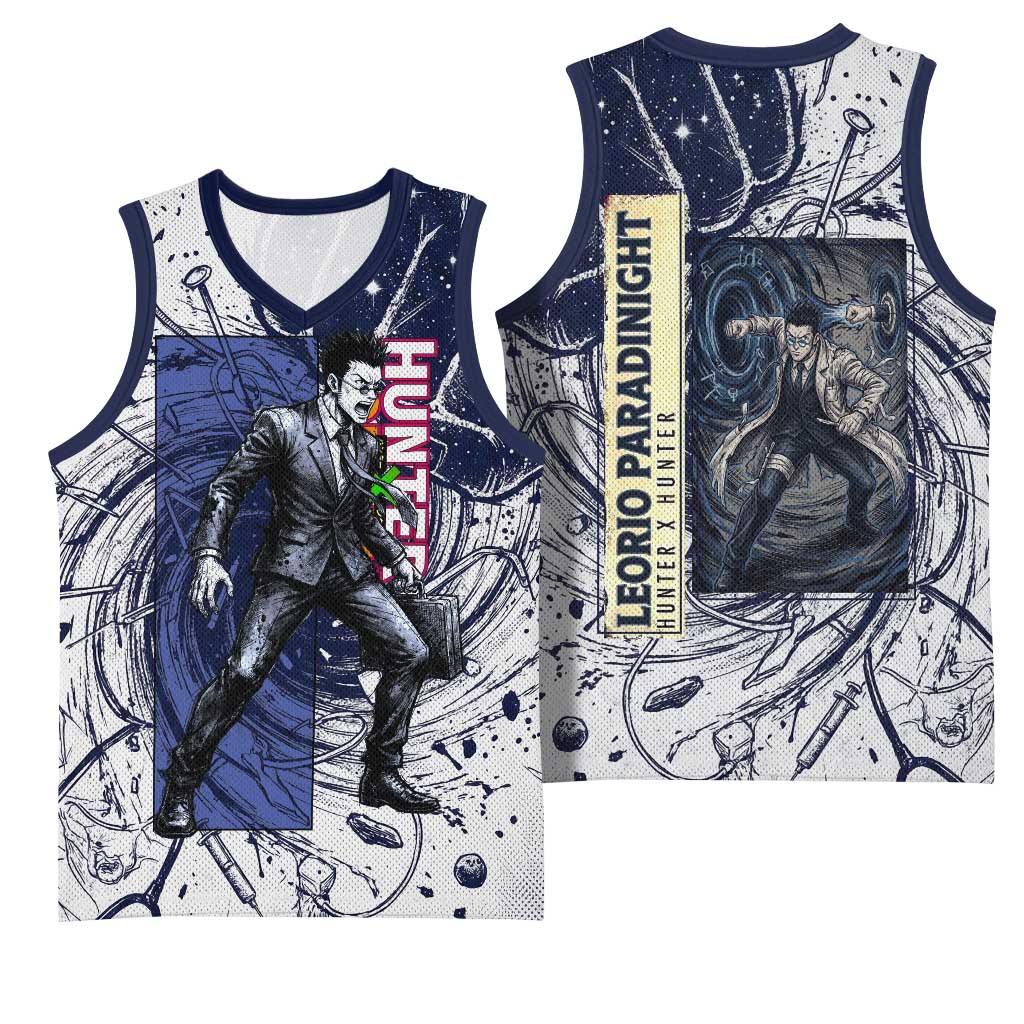 Leorio Paradinight Portal Energy Theme Basketball Jersey with Dynamic Anime Artwork and Blue Grunge Design - The Mazicc