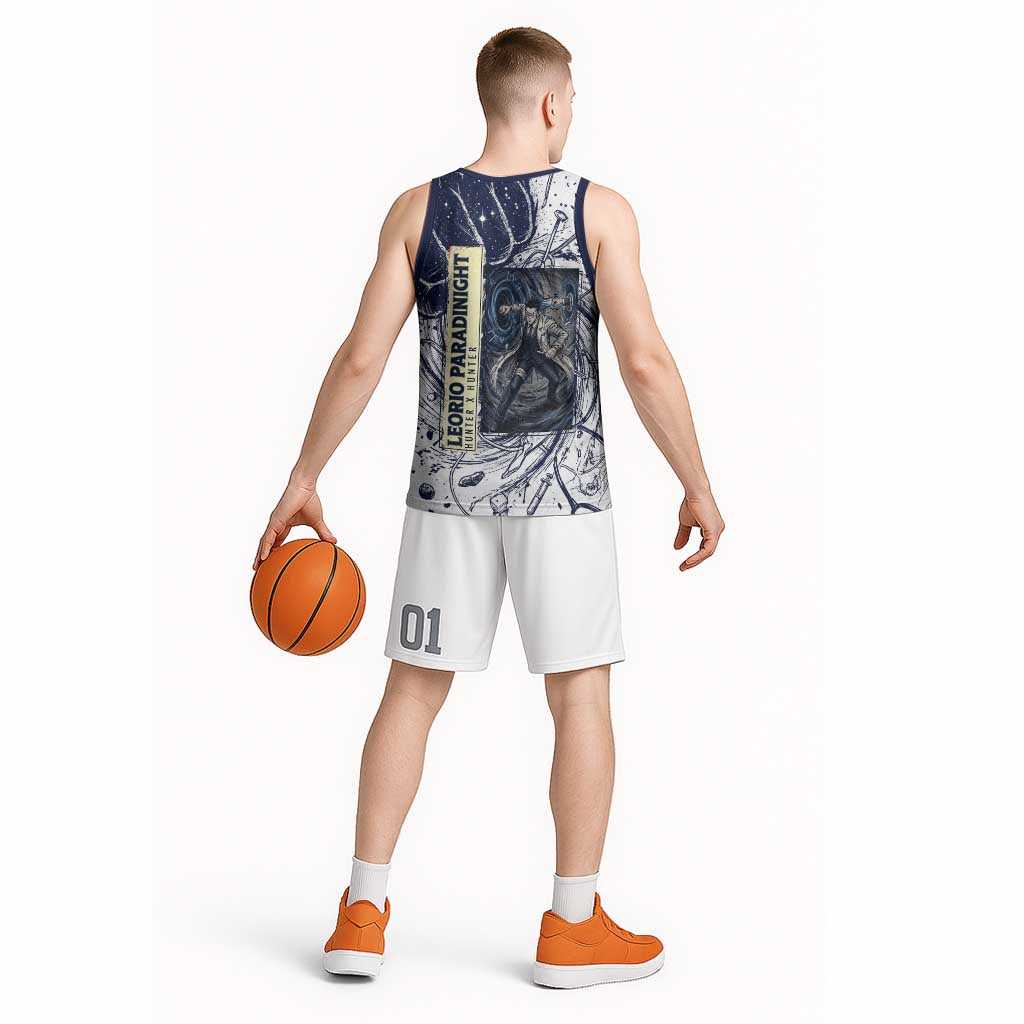 Leorio Paradinight Portal Energy Theme Basketball Jersey with Dynamic Anime Artwork and Blue Grunge Design - The Mazicc