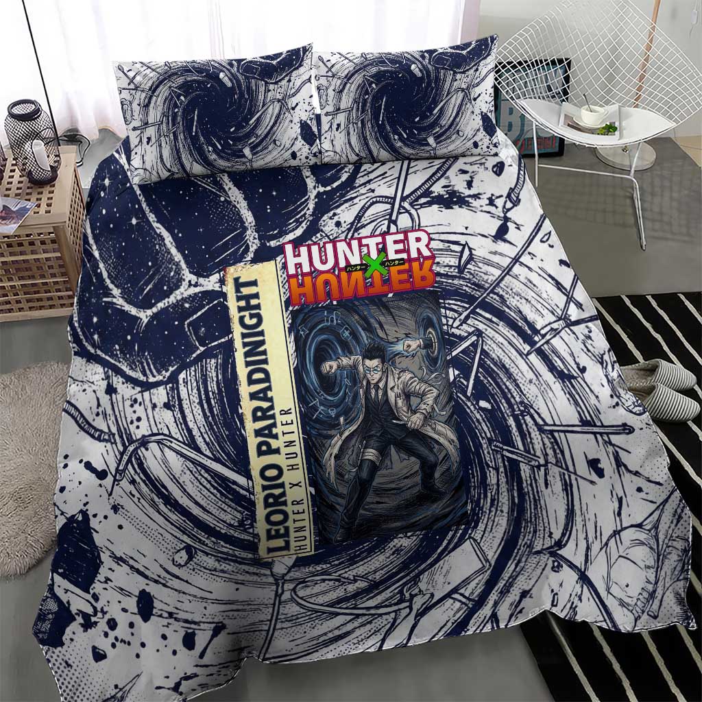 Leorio Paradinight Portal Energy Theme Bedding Set with Dynamic Anime Artwork and Blue Grunge Design - The Mazicc