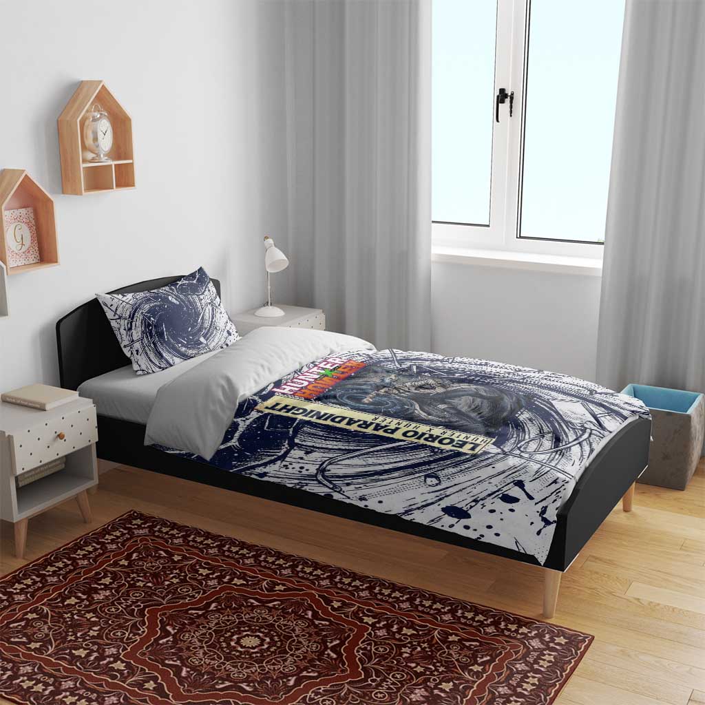 Leorio Paradinight Portal Energy Theme Bedding Set with Dynamic Anime Artwork and Blue Grunge Design - The Mazicc