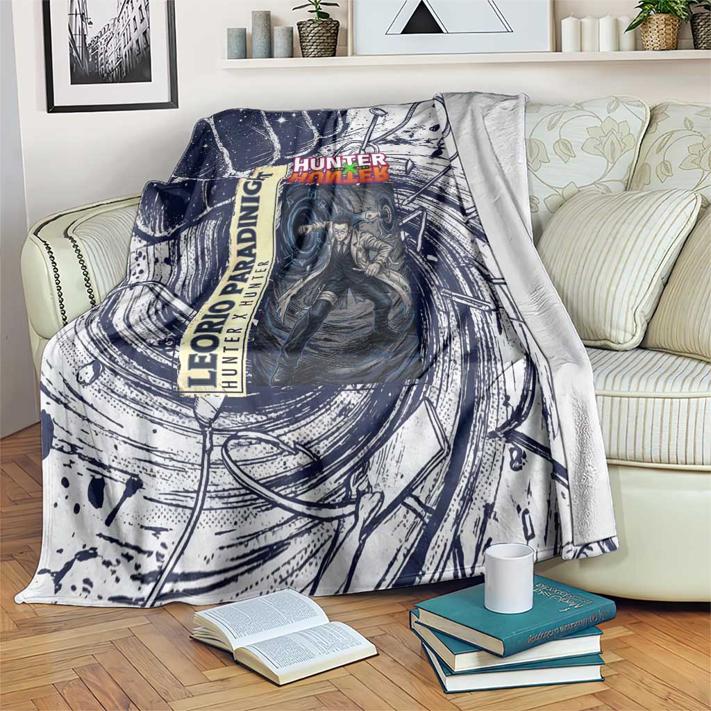 Leorio Paradinight Portal Energy Theme Blanket with Dynamic Anime Artwork and Blue Grunge Design - The Mazicc
