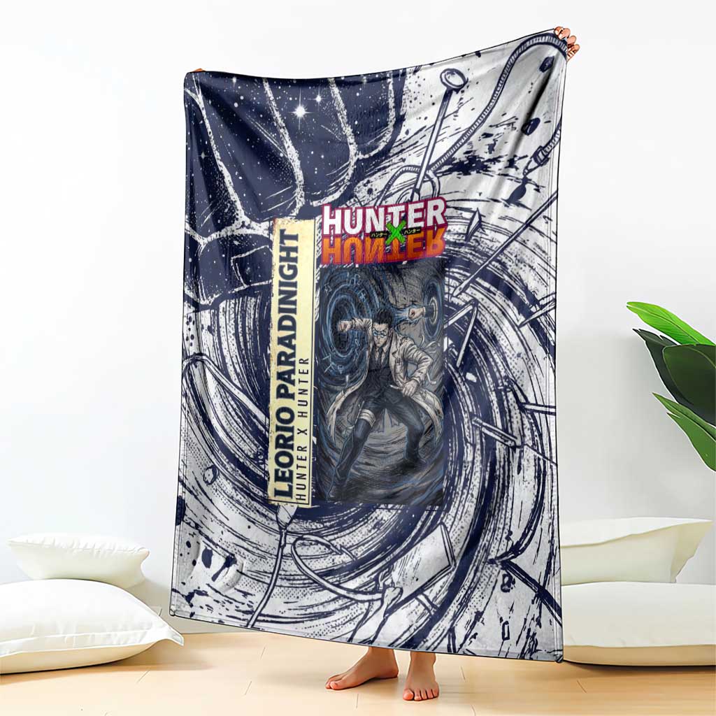 Leorio Paradinight Portal Energy Theme Blanket with Dynamic Anime Artwork and Blue Grunge Design - The Mazicc