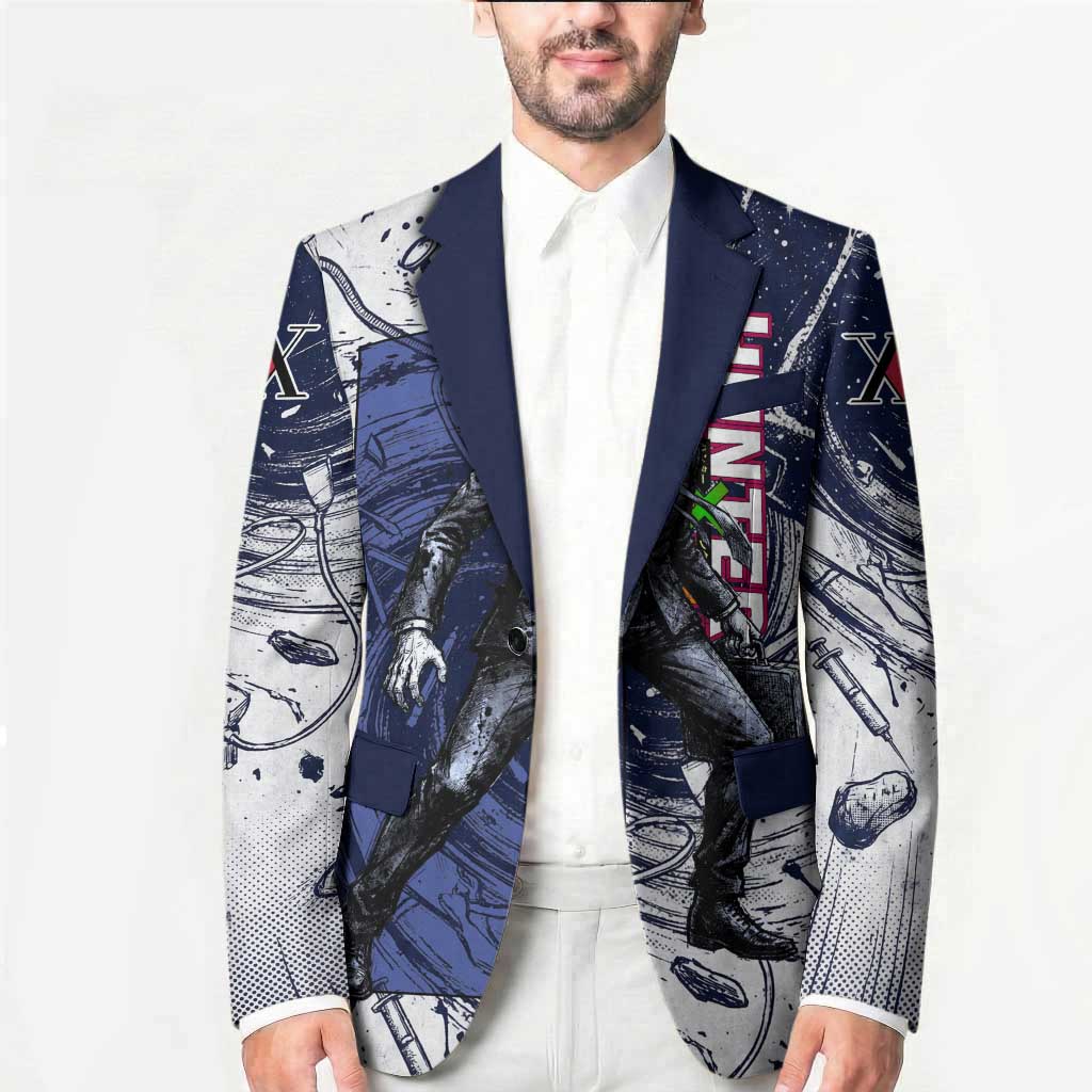 Leorio Paradinight Portal Energy Theme Blazer with Dynamic Anime Artwork and Blue Grunge Design - The Mazicc