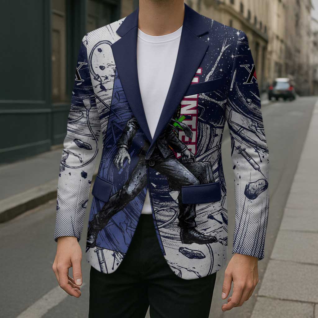 Leorio Paradinight Portal Energy Theme Blazer with Dynamic Anime Artwork and Blue Grunge Design - The Mazicc