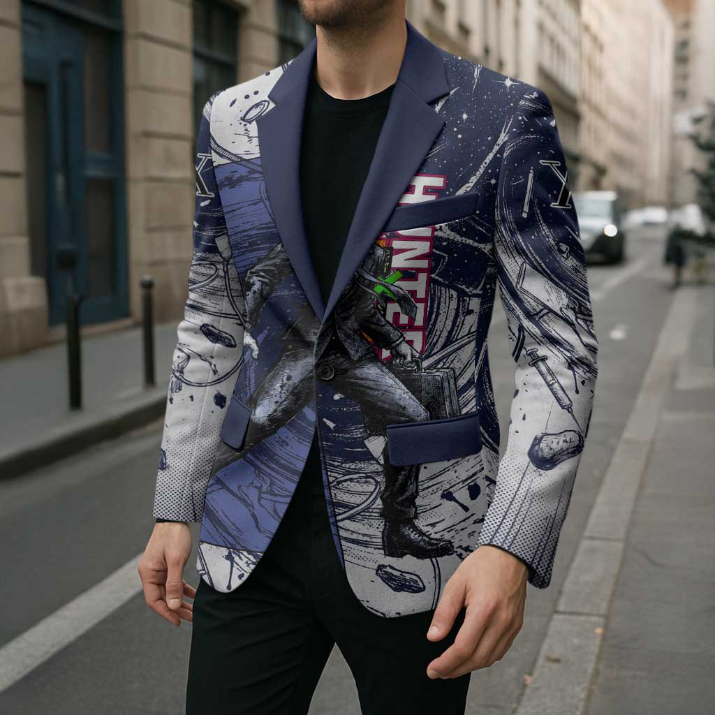 Leorio Paradinight Portal Energy Theme Blazer with Dynamic Anime Artwork and Blue Grunge Design - The Mazicc
