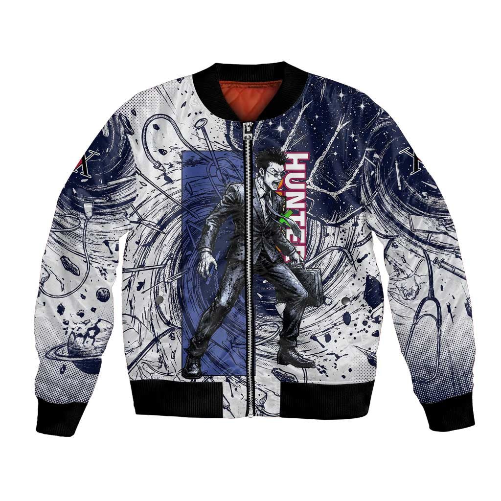 Leorio Paradinight Portal Energy Theme Bomber Jacket with Dynamic Anime Artwork and Blue Grunge Design - The Mazicc