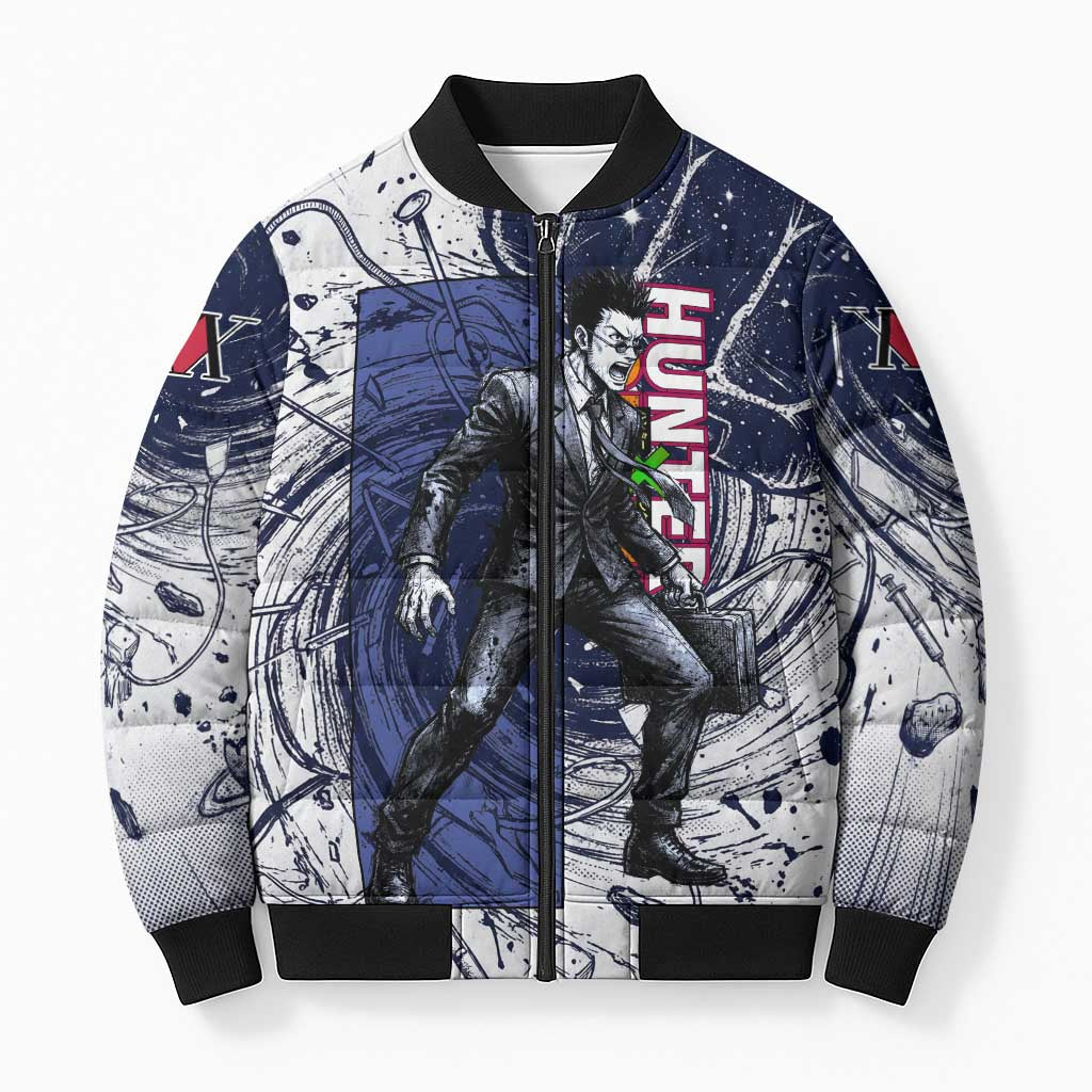 Leorio Paradinight Portal Energy Theme Bomber Puffer Jacket with Dynamic Anime Artwork and Blue Grunge Design - The Mazicc
