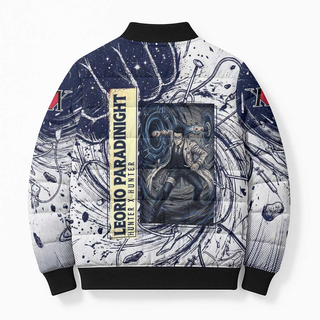 Leorio Paradinight Portal Energy Theme Bomber Puffer Jacket with Dynamic Anime Artwork and Blue Grunge Design - The Mazicc