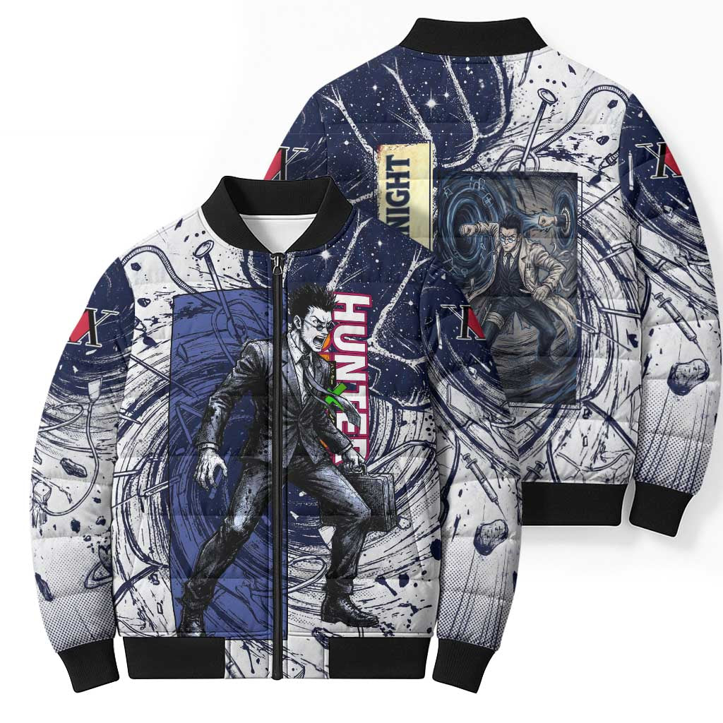 Leorio Paradinight Portal Energy Theme Bomber Puffer Jacket with Dynamic Anime Artwork and Blue Grunge Design - The Mazicc